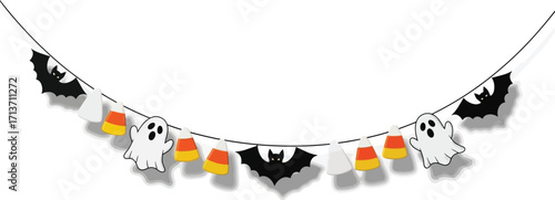 Halloween garland with bats, ghosts, and candy corn hanging a string for a spooky decoration