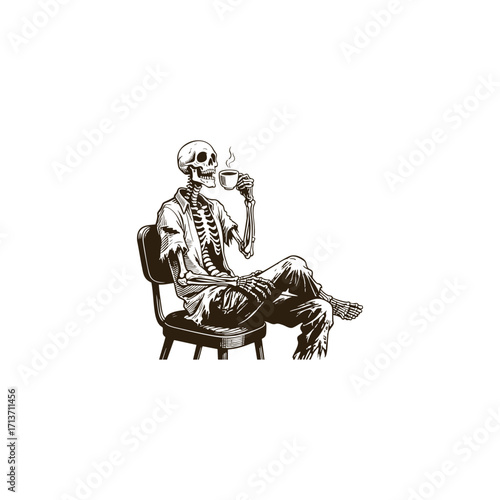 engraving style illustration featuring a relaxed skeleton sitting comfortably in an armchair, casually sipping a cup of steaming coffee or tea