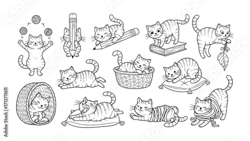 Whimsical Kitten Collection: A delightful assortment of playful kittens in various poses, depicted in a charming line art style. The collection captures the playful spirit.