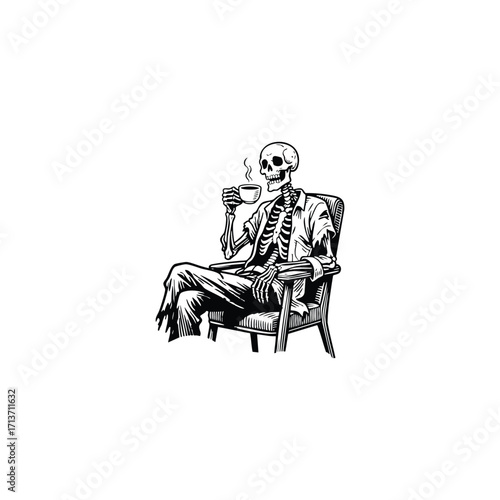 engraving style illustration featuring a relaxed skeleton sitting comfortably in an armchair, casually sipping a cup of steaming coffee or tea