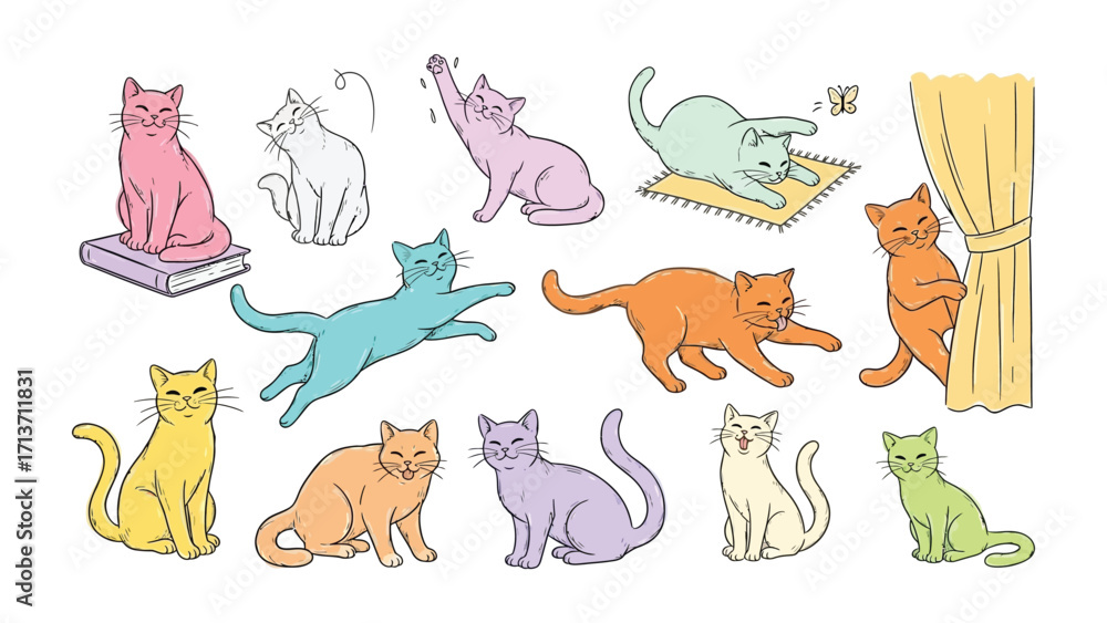 Obraz premium Whimsical Cats: A collection of charming and colorful cats, each with a unique pose and personality, bringing a sense of joy and playfulness to the scene.