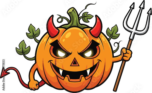 Cartoon illustration of a devil pumpkin with horns and a trident perfect for halloween designs and decorations