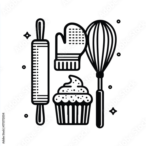 Baking ingredients and tools represented in a minimal style rolling pin oven mitt cupcake and whisk