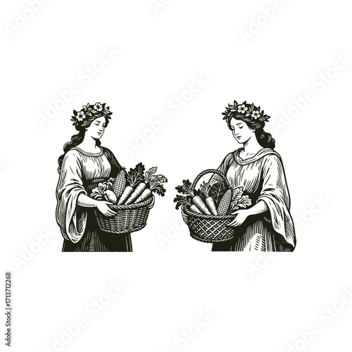 engraving style illustration of a graceful woman, resembling a goddess or nymph, wearing a flower crown and holding a basket of harvest