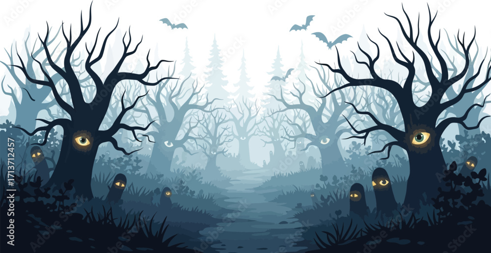 Fototapeta premium Spooky forest with glowing eyes in trees and bats flying in sky, creating a mysterious and eerie halloween night atmosphere