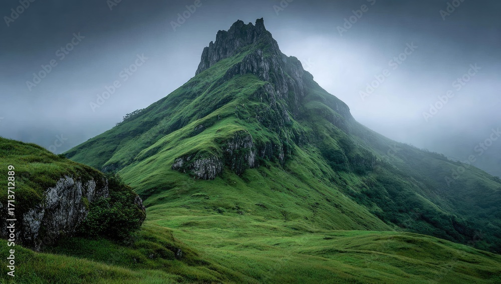 Fototapeta premium Verdant, mist-shrouded peak dominates a lush, grassy landscape under a brooding sky