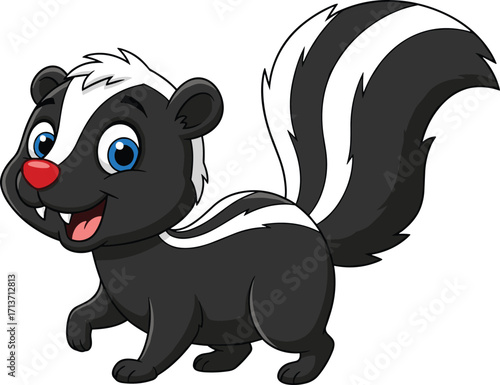 Cute cartoon skunk with big eyes, smiling face, fluffy tail, isolated on white background, perfect for kids' illustrations, animations.