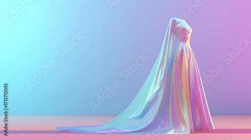 Elegant futuristic gown made of iridescent fabric on a pastel background
