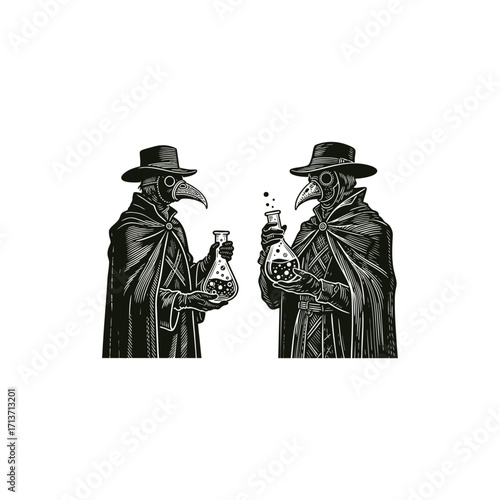 engraving style illustration of a Plague Doctor in his traditional coat and beak mask, holding a bubbling chemical flask
