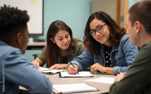 College students and a teacher reviewing feedback on assignments in a classroom setting. High quality