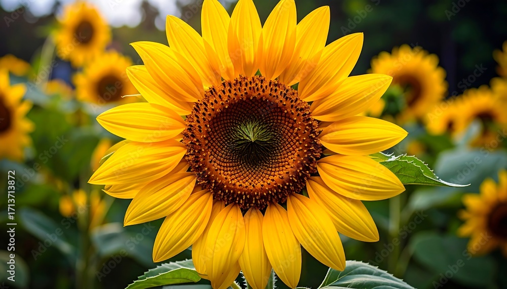 Obraz premium A vibrant sunflower, radiant in golden hues, stands out in a field of blooming sunflowers, showcasing the beauty of nature.