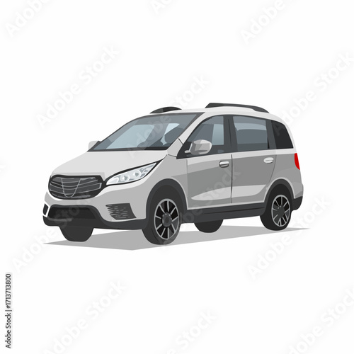 Silver minivan parked on white surface, showcasing modern vehicle with sleek lines and dark rims, creating a clean and professional image.