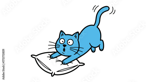 Whimsical Cat Playtime: A cheerful illustration of a playful blue cat engaged in delightful interaction with a pillow, brimming with energy and fun. 