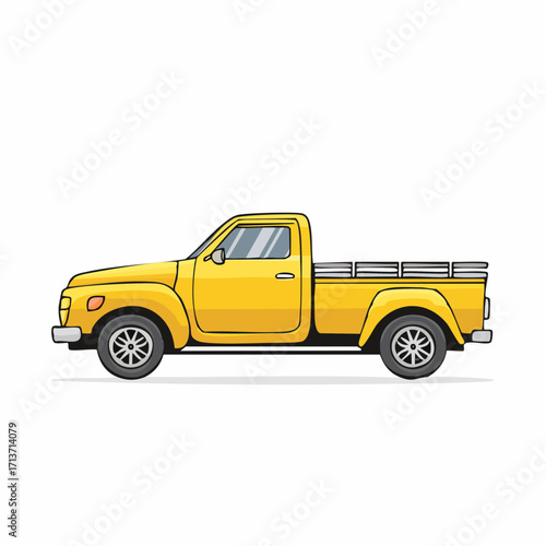 Yellow pickup truck driving on a highway during a sunny day, showcasing its classic design and conveying a sense of freedom and adventure.