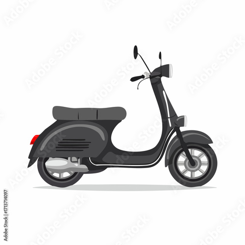 Black vintage scooter parked on white background showcasing its classic style and retro charm, evoking a sense of freedom and nostalgia.