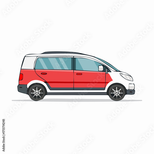Red and white minivan parked on a white surface, showcasing its compact size and modern aesthetic, ideal for family travel and city driving.