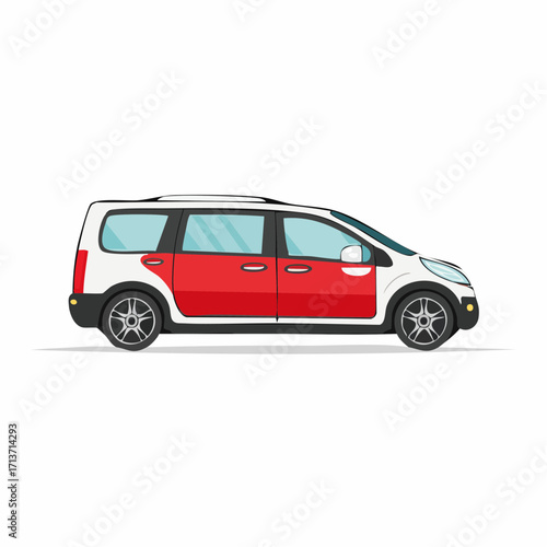 White and red minivan parked on a plain white surface, showcasing its clean lines and modern aesthetic, conveying simplicity.