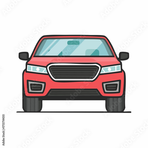 Red car facing forward with headlights on, parked on a smooth surface, showcasing a clean and modern aesthetic.