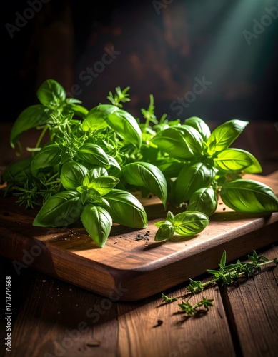 Fresh Basil and Thyme on Wooden Board with Dramatic Lighting
