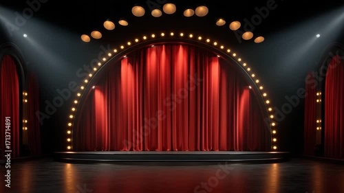 Red curtain stage with round arch lights and spotlights creating dramatic atmosphere in theater interior decoration for performance with warm glow and elegant lighting design
