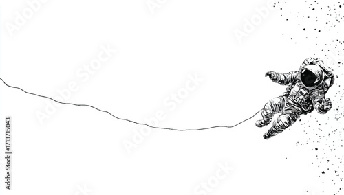 Astronaut floating in the vast expanse of space black and white drawing style illustration