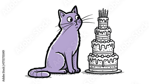 Cat's Birthday Dream: A curious cat gazes in wonder at a towering birthday cake, each tier meticulously detailed with frosting and candles, embodying the essence of whimsy and celebration.