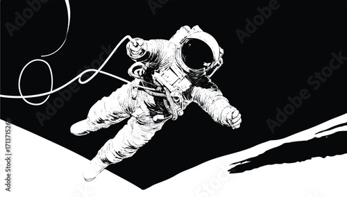 Astronaut floating in deep space with line art design and dramatic black and white contrast