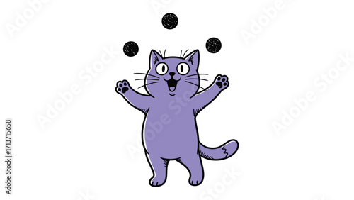 Playful feline circus: A charming illustrated cat juggles with playful delight, celebrating whimsicality in illustration