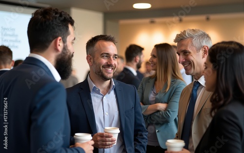 Professional colleagues networking at conference break with coffee. High quality