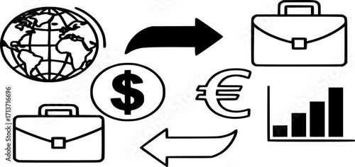 Currency Exchange Icon Vector Illustration. Concept of Foreign Exchange, International Trade, Financial Decision Outline, and Filled Icon 