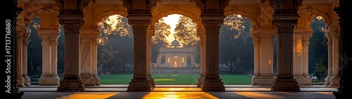 Majestic Indian Mughal architectural white marble corridor with intricate carvings, arched doorways leading to green lawn, geometric patterned floor, empty scene.