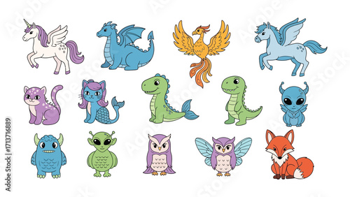 Whimsical Creatures' Parade: A delightful menagerie of fantastical creatures, including a unicorn, dragon, phoenix, pegasus, and more, each rendered in a charming and vibrant illustrated style.