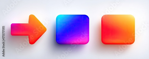 Gradient arrow and two square buttons, rendered with a glossy, 3D effect on a white background