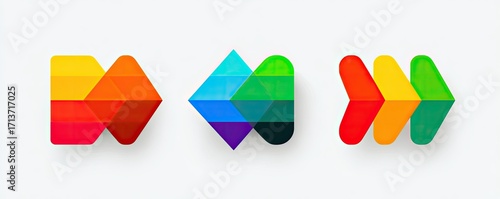 Three abstract, colorful, geometric arrow-like shapes, each with a unique design and vibrant color palette, set against a simple white background