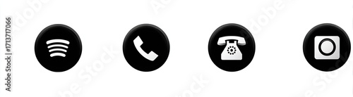 Four circular black icons with white symbols representing wifi, phone call, landline, and camera