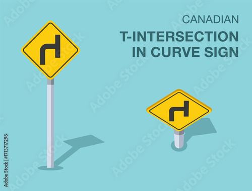 Traffic regulation rules. Isolated canadian "t-intersection in curve" road sign. Front and top view. Flat vector illustration template.