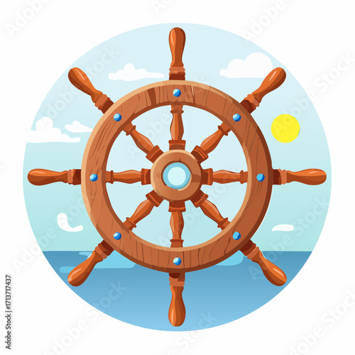 A nautical illustration of a wooden ship's steering wheel, set against a blue sea and sky.