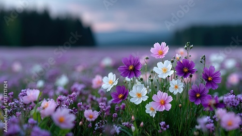 Close Up of Colorful Wildflowers in Soft Focus with Purple Pink and White Petals in Field at Dusk with Forest Background