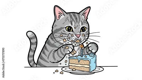 A Cat's Birthday Feast: A playful cartoon cat, caught in the act of indulging in a slice of birthday cake. The humorous scene evokes a sense of joy and celebration. 