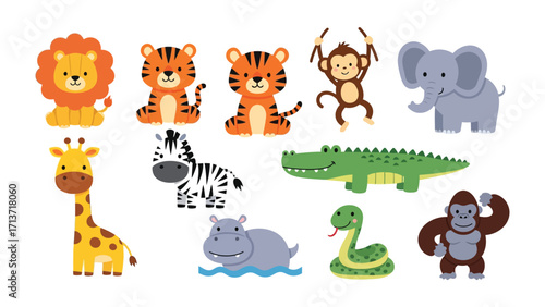 Cute Cartoon Jungle Animals: A vibrant collection of adorable cartoon animals from the jungle, perfect for a children's project, with each animal showcasing unique characteristics