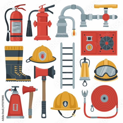 Set of detailed firefighting equipment vectors, including extinguishers, helmets, boots, hydrants, axes, and ladders.