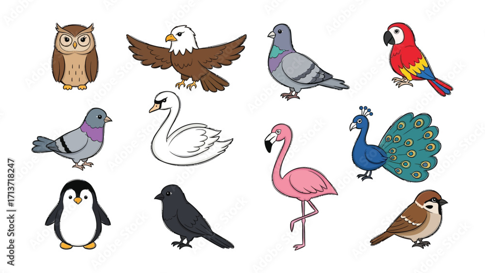 Obraz premium Avian Assemblage: A whimsical collection of birds, from the majestic eagle to the petite sparrow, showcased in a delightful illustration, offering a visual journey into the diverse world of avifauna.