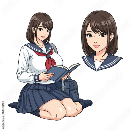 Beautiful School Girl Reading Book