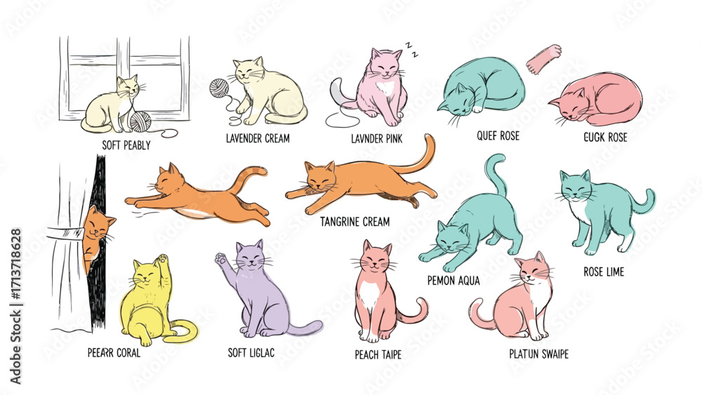 Naklejka premium Cat Colors Collection: A charming illustration showcases an assortment of delightful cat color variations, celebrating the vibrant hues and playful spirit of feline companions.