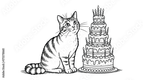 Whiskered Wonder and Birthday Cake: A curious cat gazes at a towering birthday cake, its stripes and whiskers adding charm to this monochrome masterpiece.