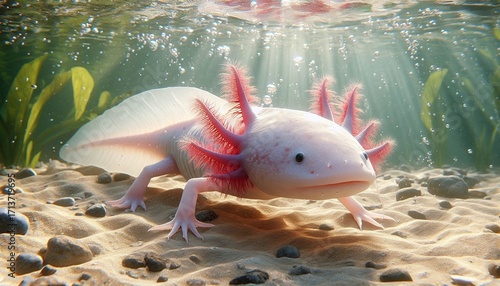 Adorable axolotl swimming underwater in a vibrant freshwater habitat with sunbeams and clear water