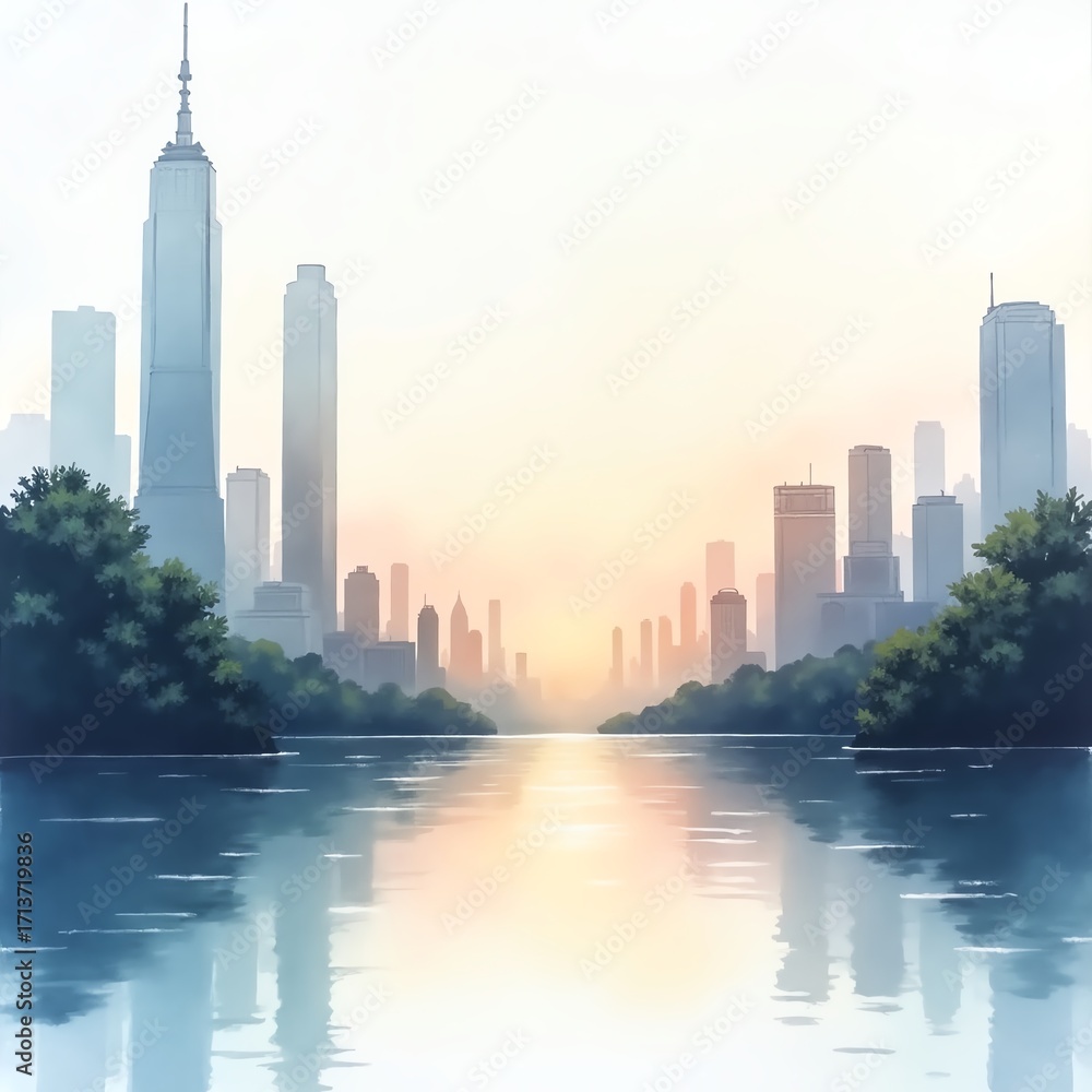 Fototapeta premium A serene cityscape at dawn, featuring modern skyscrapers reflecting on calm waters. The soft pastel colors create a tranquil atmosphere, perfect for urban exploration themes.