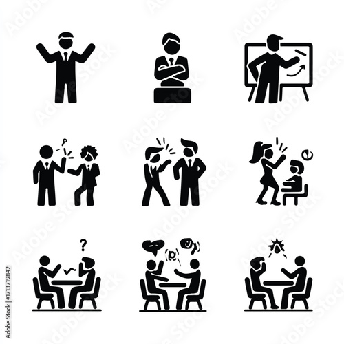 Business people silhouettes in various interactions and scenarios representing communication conflict presentation and negotiation skills