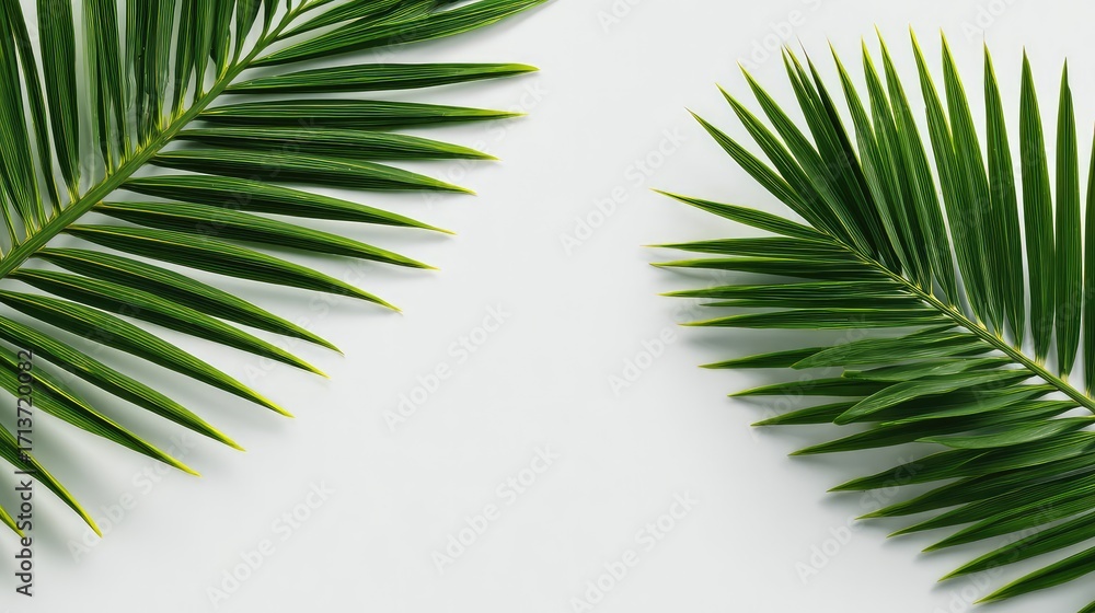 Obraz premium Fresh green palm leaves and shadows are presented against a white background.