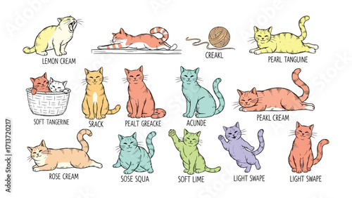 Cats Variety Illustration: A charming illustration showcases a vibrant variety of domestic cats, each with a unique color palette, in a range of playful poses, capturing the essence of feline grace.